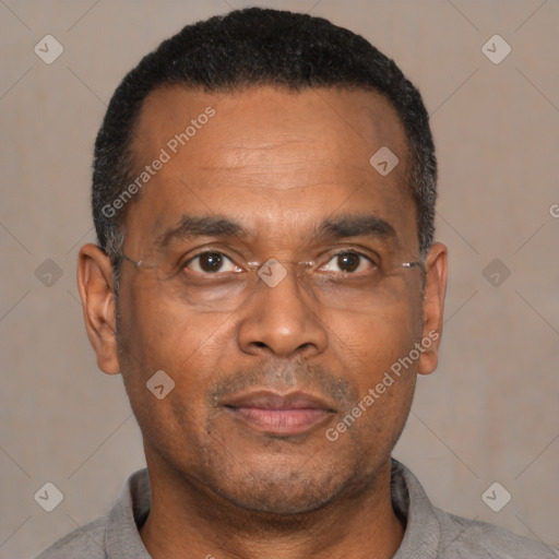 Neutral black adult male with short  black hair and brown eyes