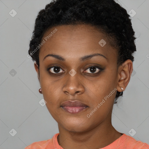 Neutral black young-adult female with short  black hair and brown eyes