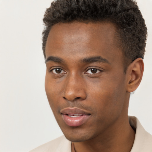 Neutral black young-adult male with short  brown hair and brown eyes