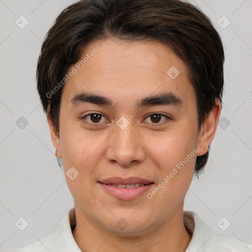 Joyful white young-adult male with short  brown hair and brown eyes