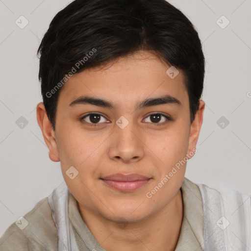 Joyful latino young-adult female with short  brown hair and brown eyes