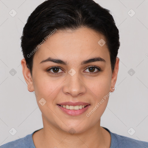 Joyful white young-adult female with short  brown hair and brown eyes