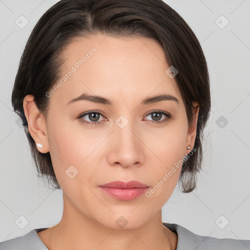 Neutral white young-adult female with medium  brown hair and brown eyes