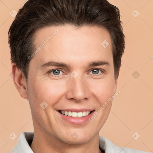 Joyful white adult male with short  brown hair and brown eyes