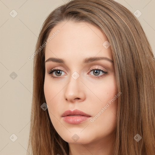 Neutral white young-adult female with long  brown hair and brown eyes