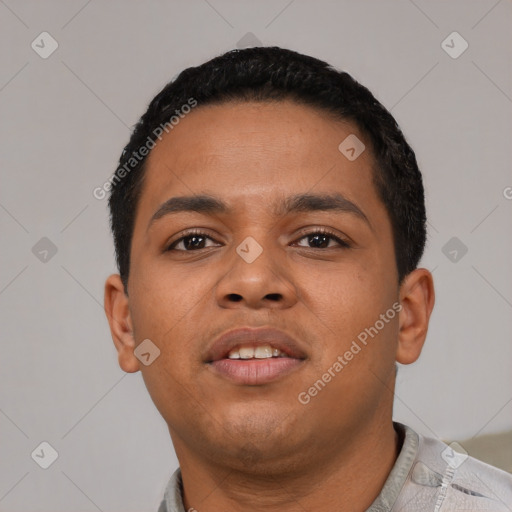 Neutral latino young-adult male with short  black hair and brown eyes