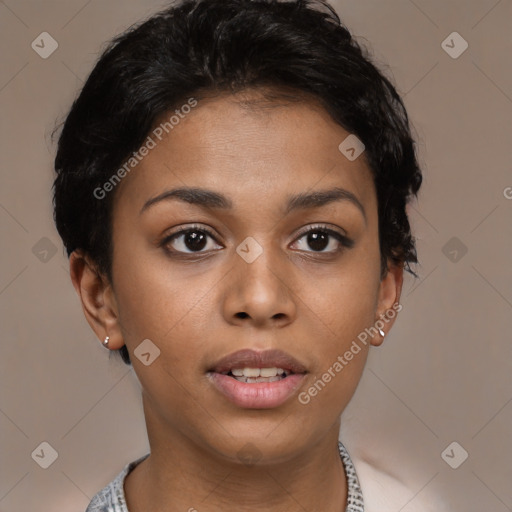 Joyful latino young-adult female with short  brown hair and brown eyes