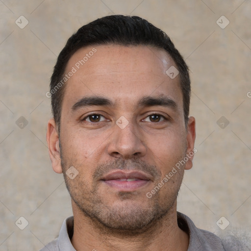 Neutral white young-adult male with short  brown hair and brown eyes