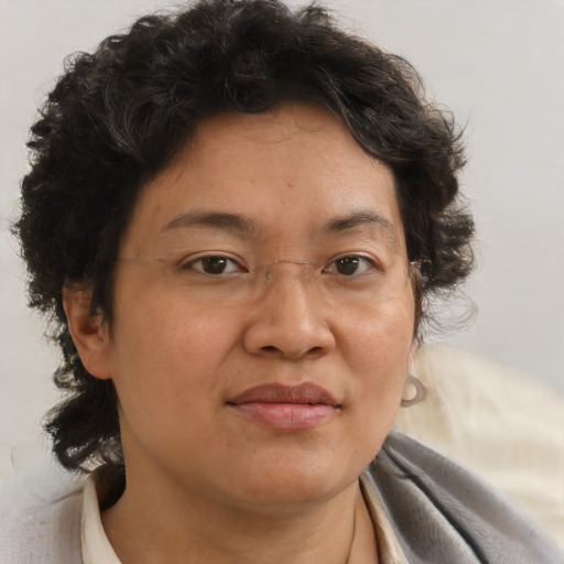 Joyful asian adult female with short  brown hair and brown eyes