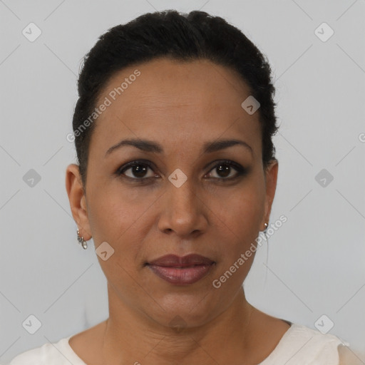Neutral black young-adult female with short  black hair and brown eyes