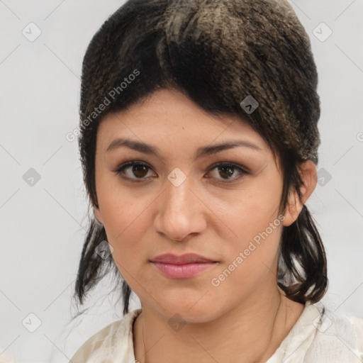 Joyful latino young-adult female with medium  black hair and brown eyes