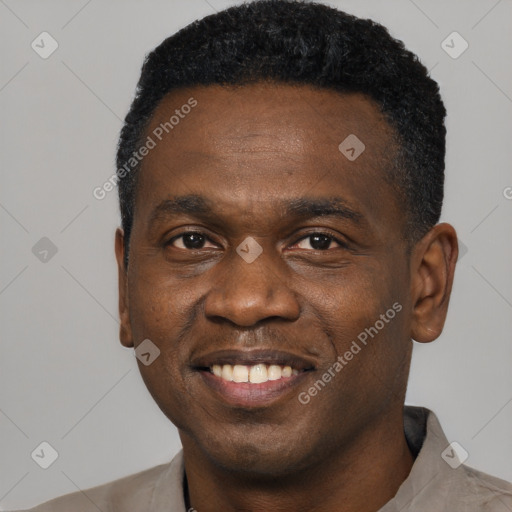 Joyful black young-adult male with short  black hair and brown eyes