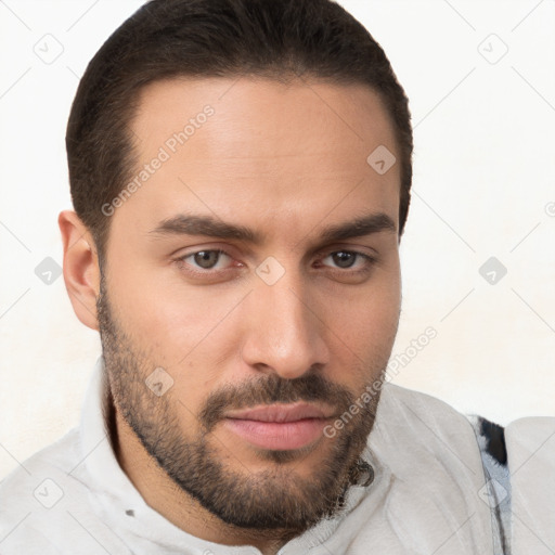 Joyful white young-adult male with short  brown hair and brown eyes