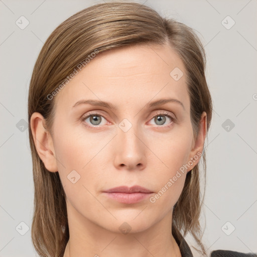 Neutral white young-adult female with long  brown hair and grey eyes