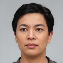 Neutral asian young-adult male with short  black hair and brown eyes