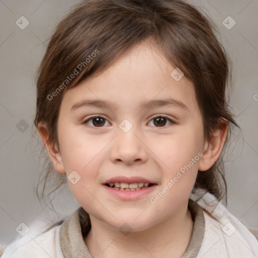 Joyful white child female with medium  brown hair and brown eyes