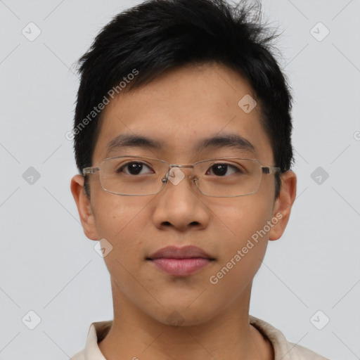 Neutral asian young-adult male with short  brown hair and brown eyes