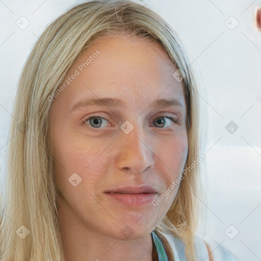 Neutral white young-adult female with long  blond hair and blue eyes