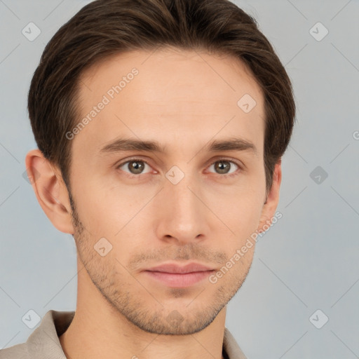 Neutral white young-adult male with short  brown hair and grey eyes