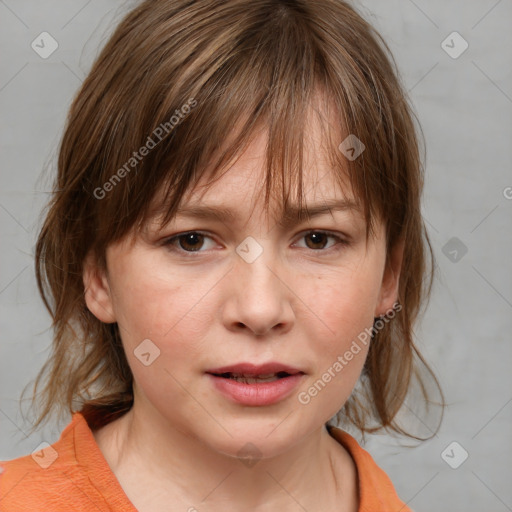 Neutral white young-adult female with medium  brown hair and brown eyes