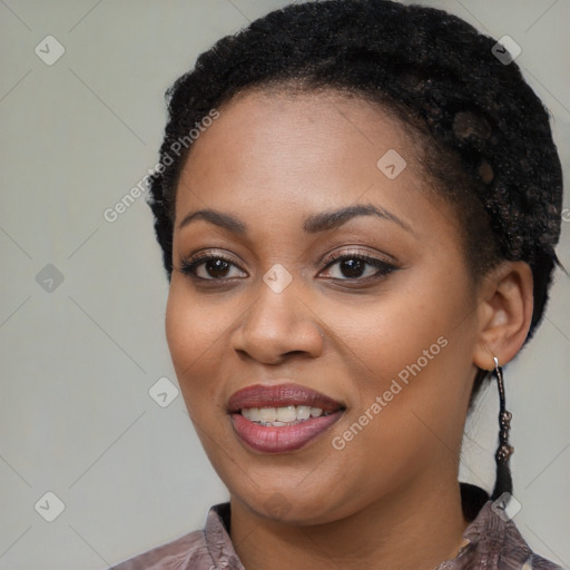 Joyful black young-adult female with medium  black hair and brown eyes