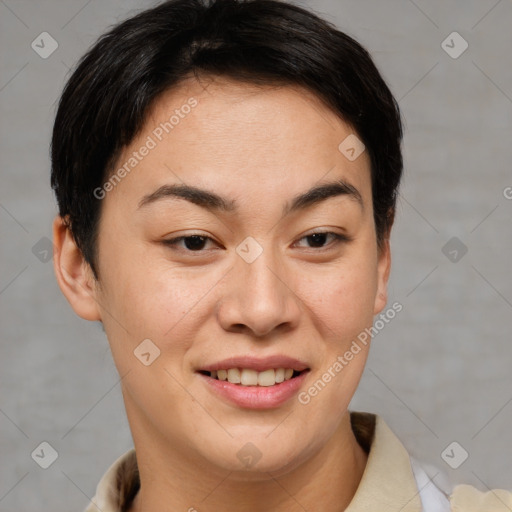 Joyful asian young-adult female with short  brown hair and brown eyes