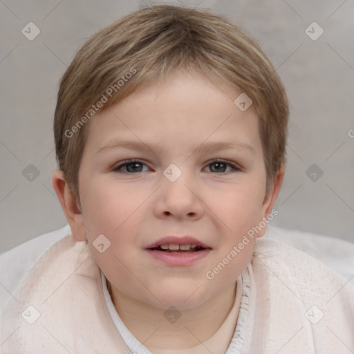 Joyful white child female with short  brown hair and brown eyes