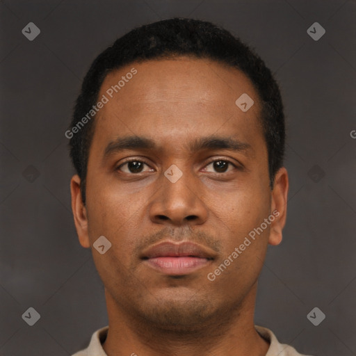 Neutral latino young-adult male with short  brown hair and brown eyes