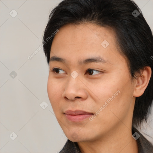 Joyful white young-adult female with medium  black hair and brown eyes