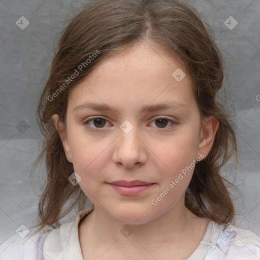 Joyful white child female with medium  brown hair and brown eyes