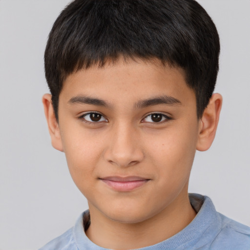 Joyful asian child male with short  brown hair and brown eyes