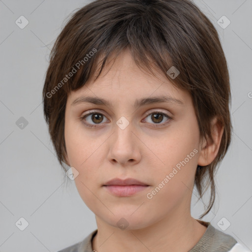 Neutral white young-adult female with medium  brown hair and brown eyes