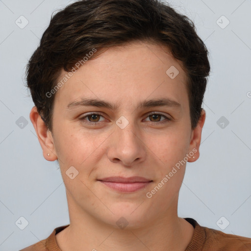 Joyful white young-adult female with short  brown hair and brown eyes