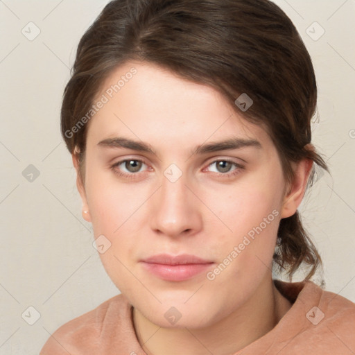 Neutral white young-adult female with medium  brown hair and brown eyes