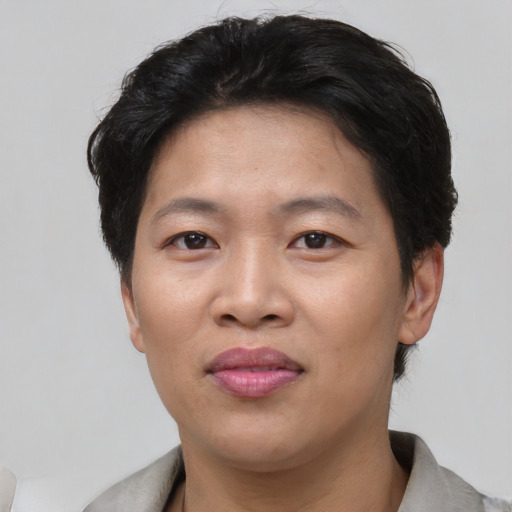 Joyful asian adult female with short  black hair and brown eyes