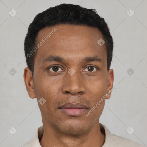 Neutral black young-adult male with short  black hair and brown eyes