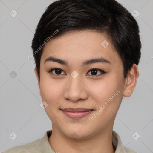 Joyful asian young-adult female with short  brown hair and brown eyes
