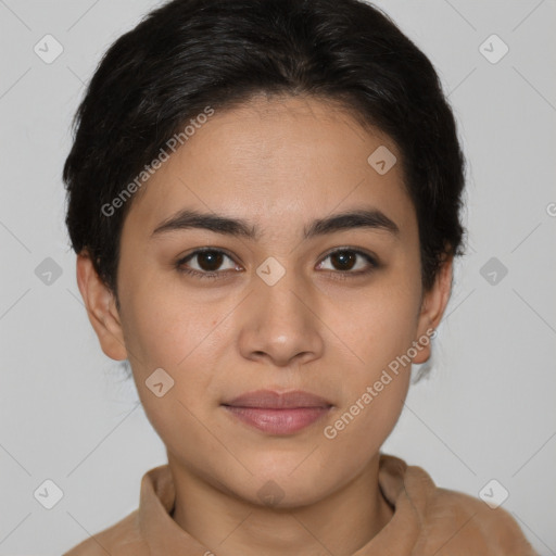 Joyful latino young-adult female with short  brown hair and brown eyes