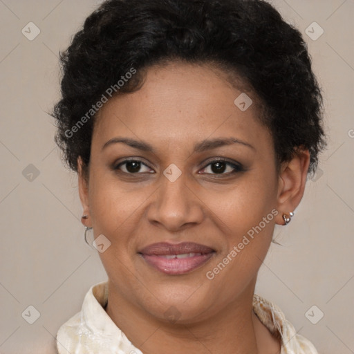 Joyful latino young-adult female with short  brown hair and brown eyes