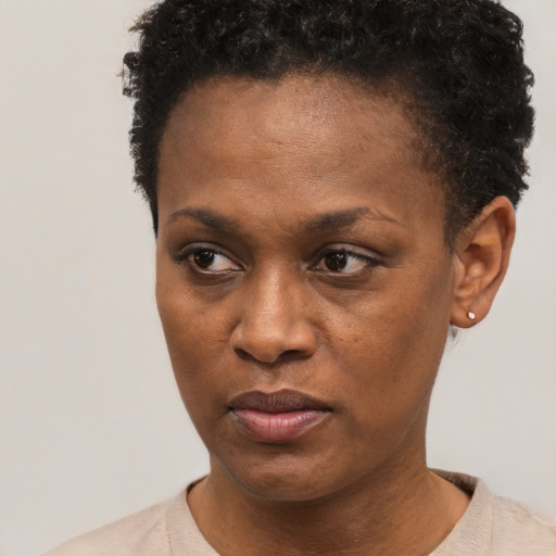 Neutral black young-adult female with short  black hair and brown eyes