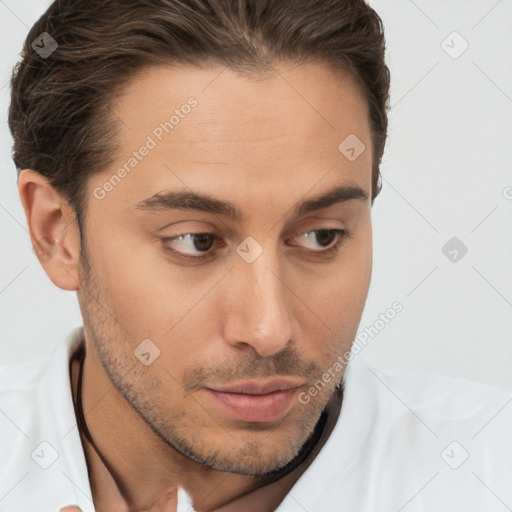 Neutral white young-adult male with short  brown hair and brown eyes