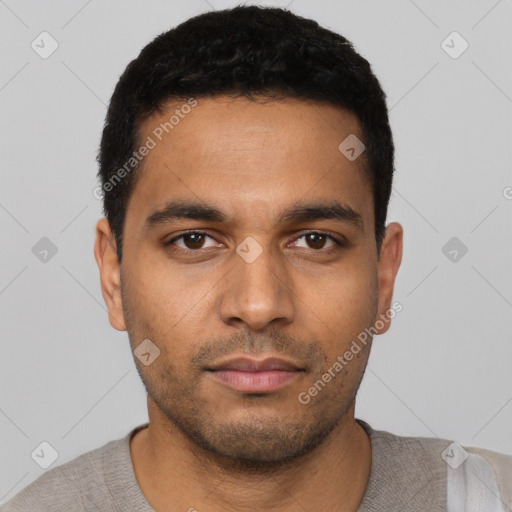 Neutral latino young-adult male with short  black hair and brown eyes