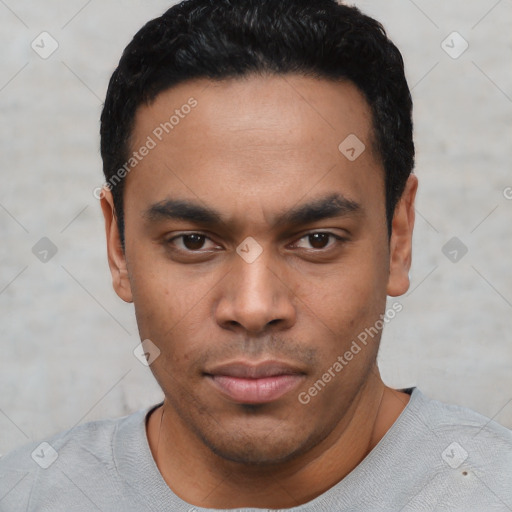 Neutral latino young-adult male with short  black hair and brown eyes