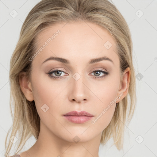 Neutral white young-adult female with medium  brown hair and grey eyes