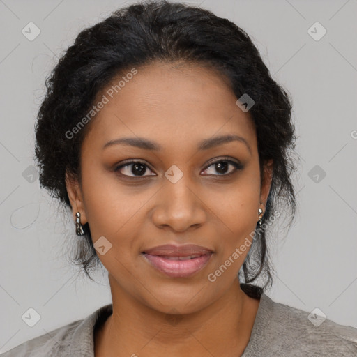 Joyful black young-adult female with medium  black hair and brown eyes