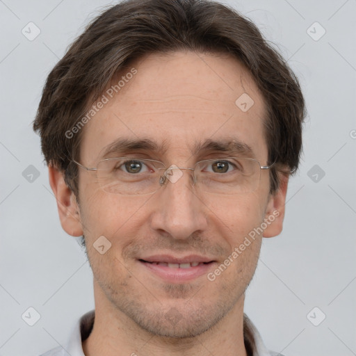 Joyful white adult male with short  brown hair and grey eyes