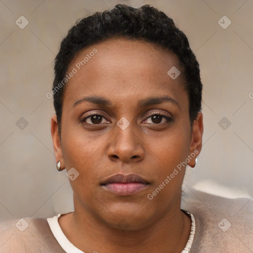 Neutral black young-adult female with short  black hair and brown eyes