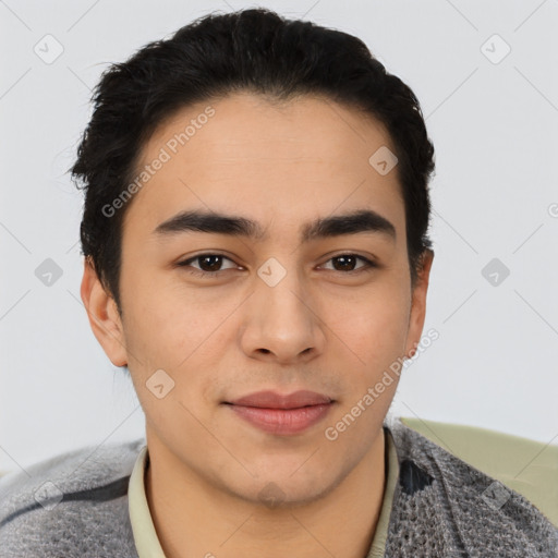 Joyful latino young-adult male with short  black hair and brown eyes