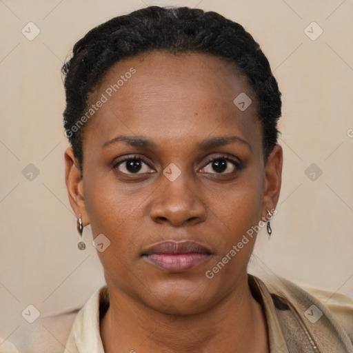 Joyful black young-adult female with short  black hair and brown eyes