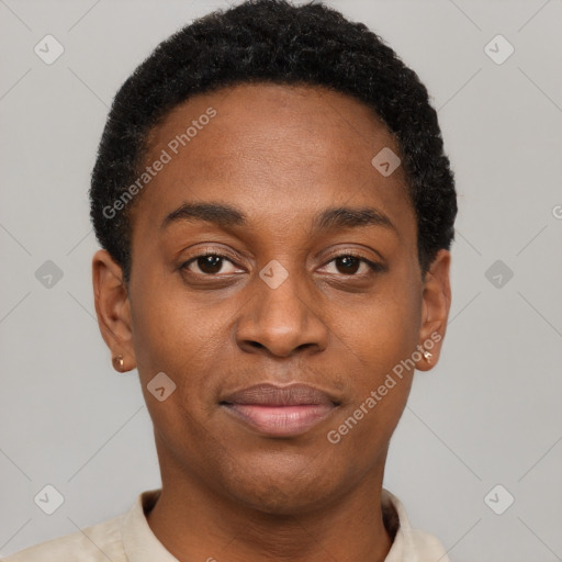Joyful black young-adult female with short  black hair and brown eyes